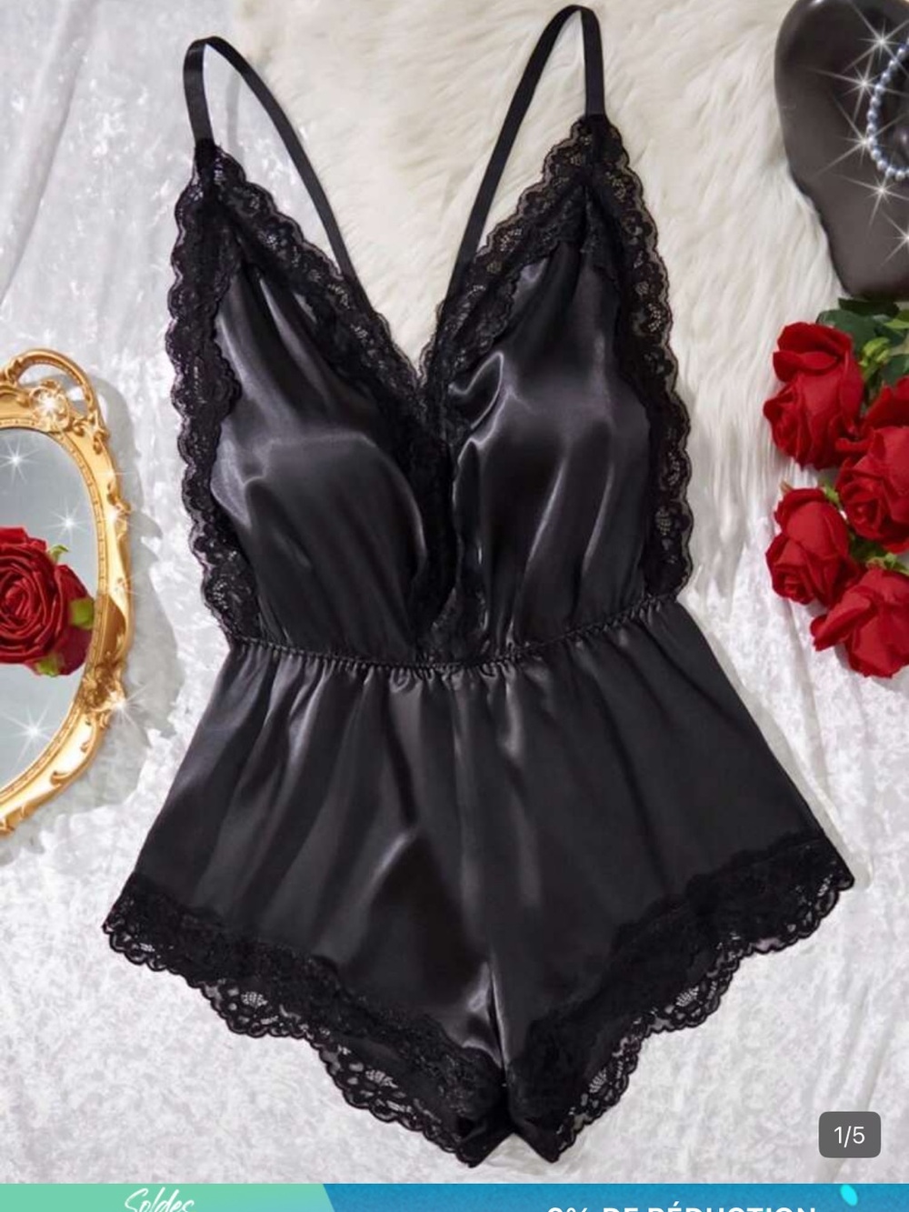 Black Satin Lace Trim Romper - Women's Intimates